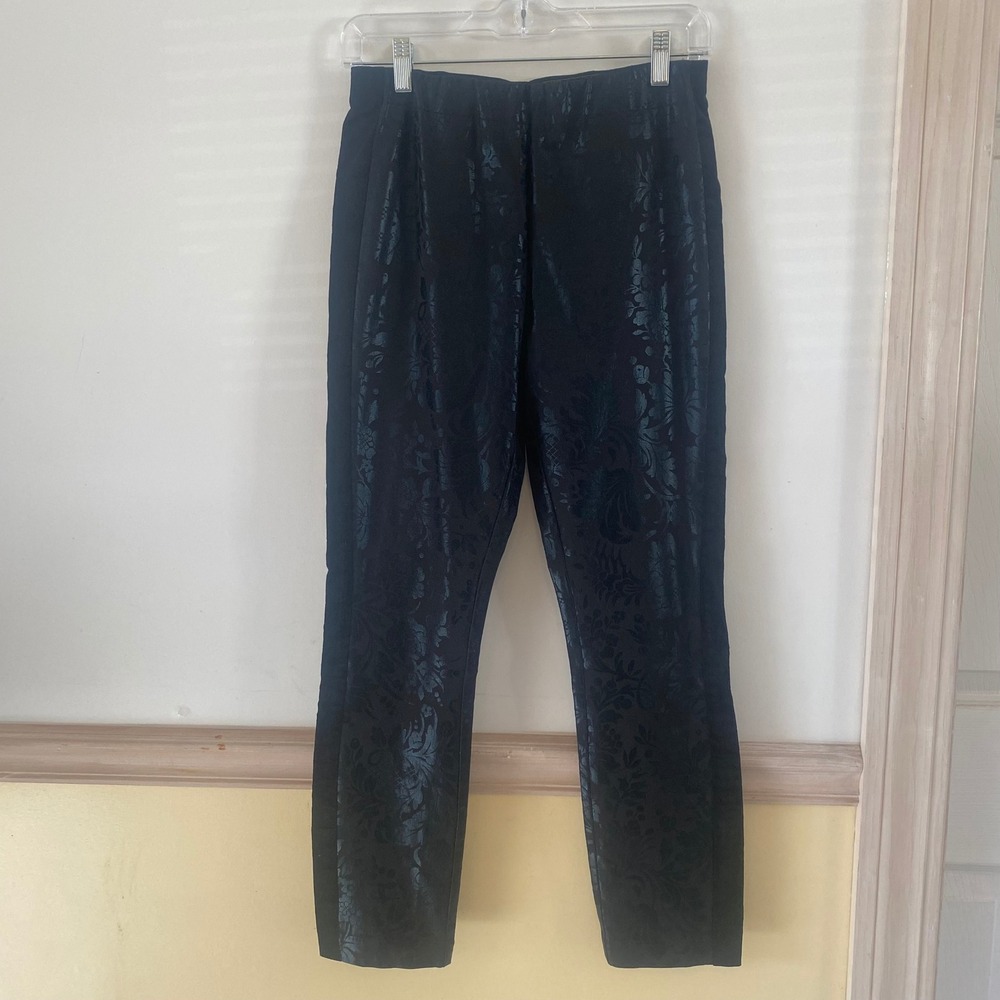 Anthropologie Essential Skinny Black‎ Floral Jacquard Pants Suede Stripe Size 4